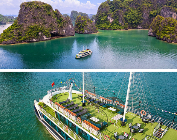 下龍灣遊船一日遊(驚訝! 鐘乳石洞、天井洞獨木舟、登頂英雄島)→小孩最愛~義大利麵